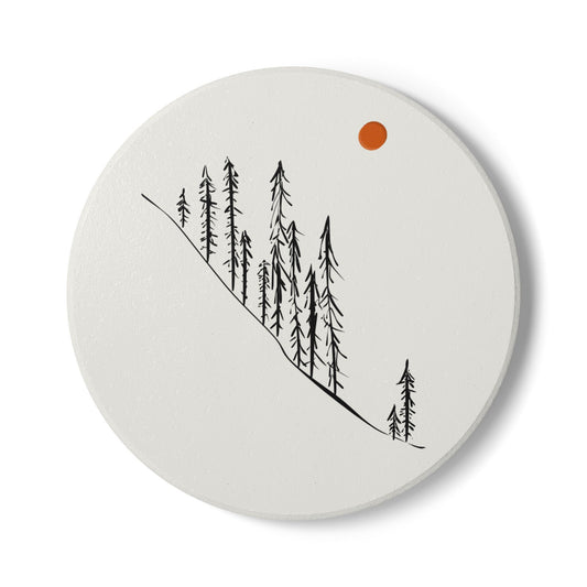 Hand-Drawn Pine Trees Mountain Ceramic Coaster