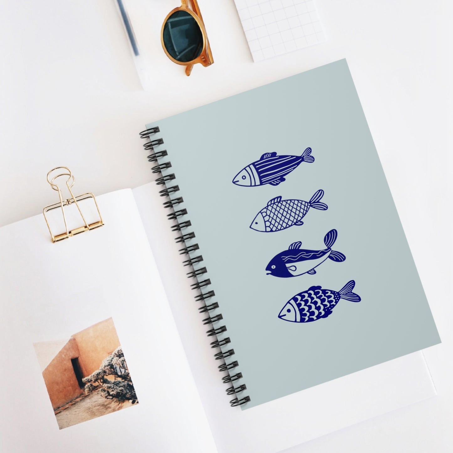 Hand-Designed Blue Fish Spiral Notebook