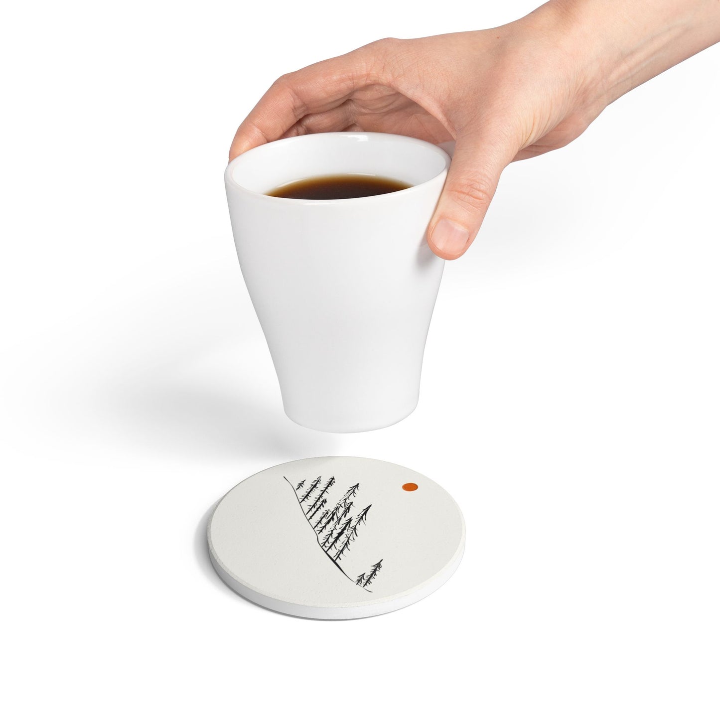 Hand-Drawn Pine Trees Mountain Ceramic Coaster