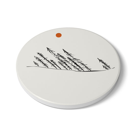 Hand-Drawn Pine Trees Mountain Ceramic Coaster